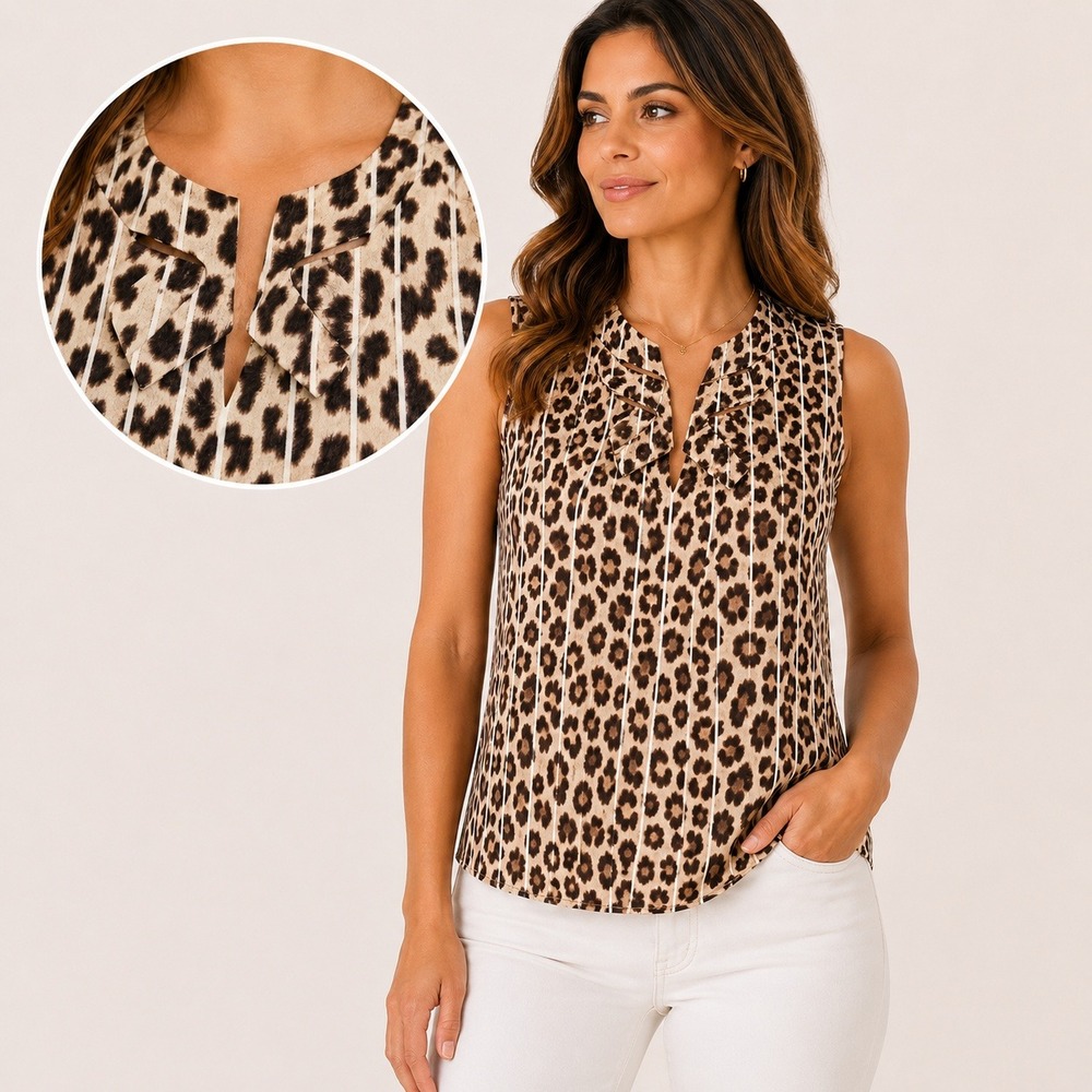 CAbi Women L Leopard Office Sleeveless Blouse Bow Keyhole Back Zip Top 3070